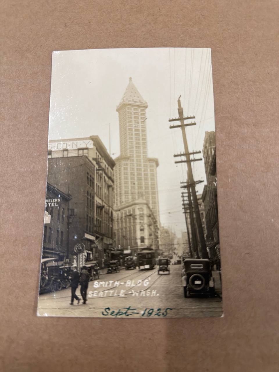 RPPC Smith Building Seattle WA Sept 1925 Real Photo Postcard Streetcar Autos