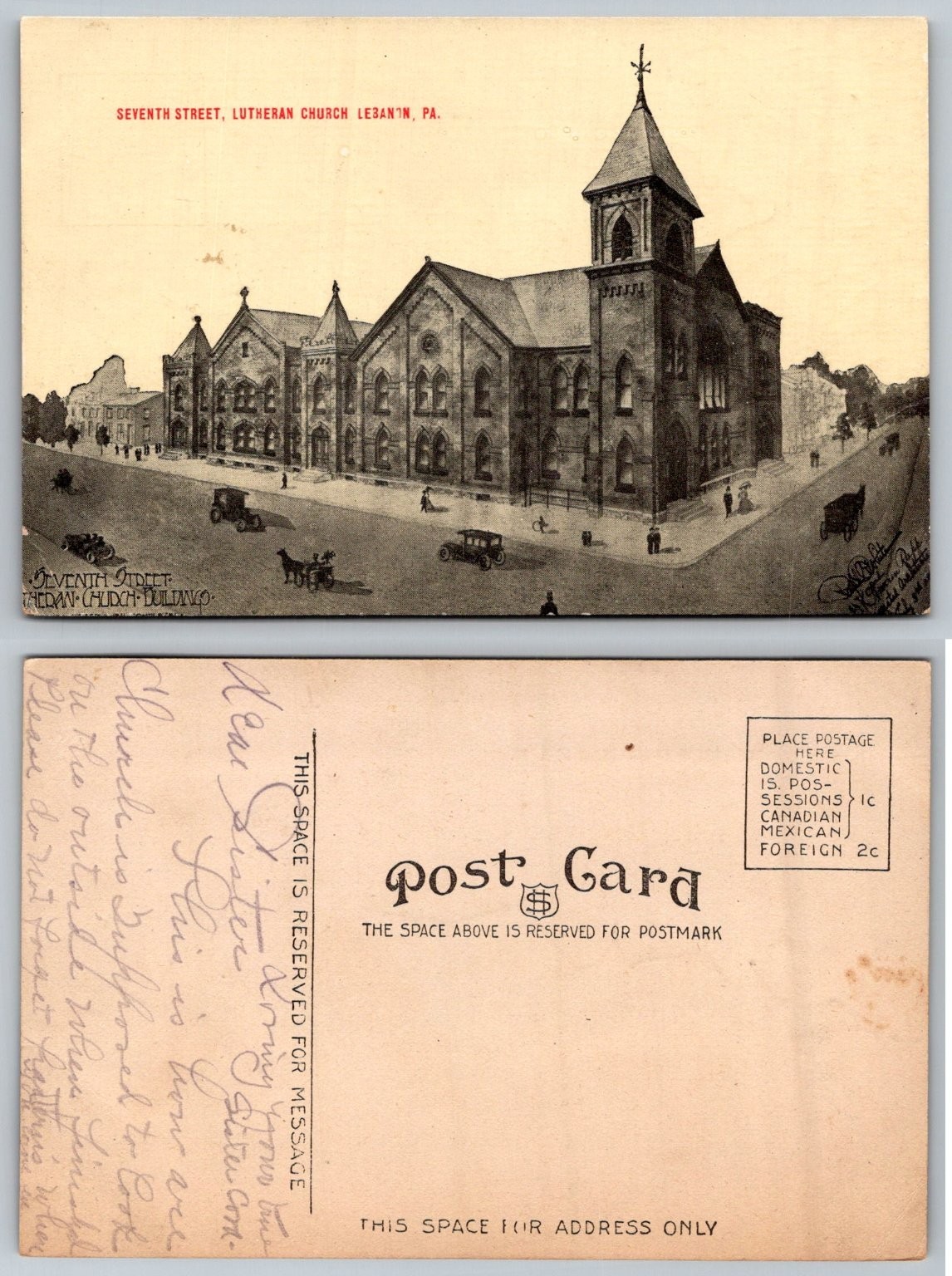 Lebanon PA Seventh Street Lutheran Church Postcard Divided Back 1910s