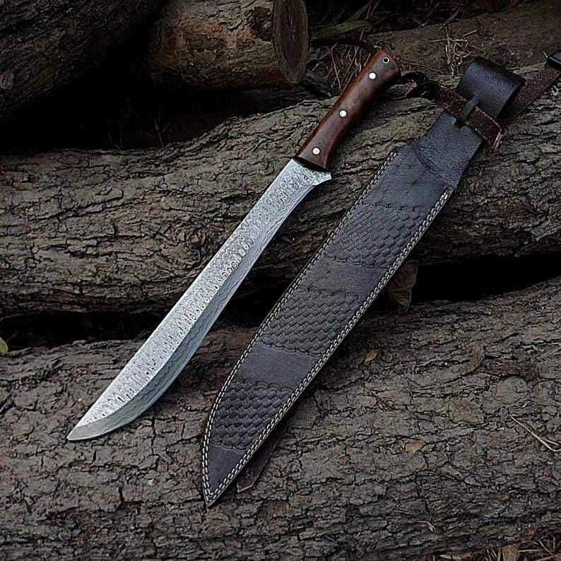 Hand-Forged Damascus Steel Survival Machete – 22