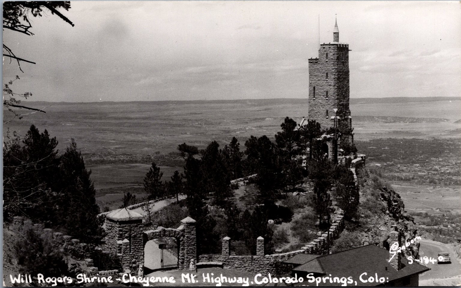 1940 RPPC Will Rogers Shrine Cheyenne Mt. Hwy Colorado Springs, CO View