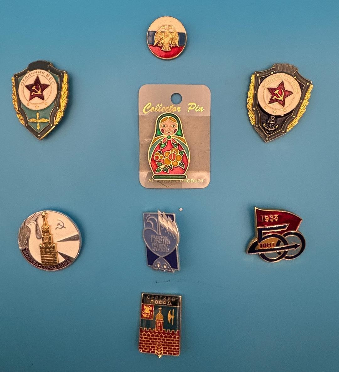 Vintage Russian 8 Pin/Badge Lot: Military, Industry and Travel Collectibles