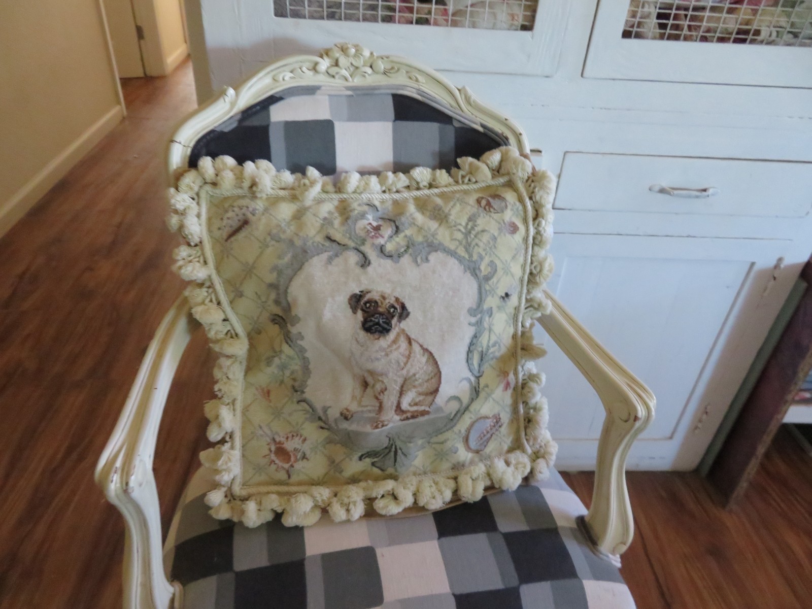 Aubusson style Victorian PUG w Seashells on ButterCreamYellow Needlepoint Pillow