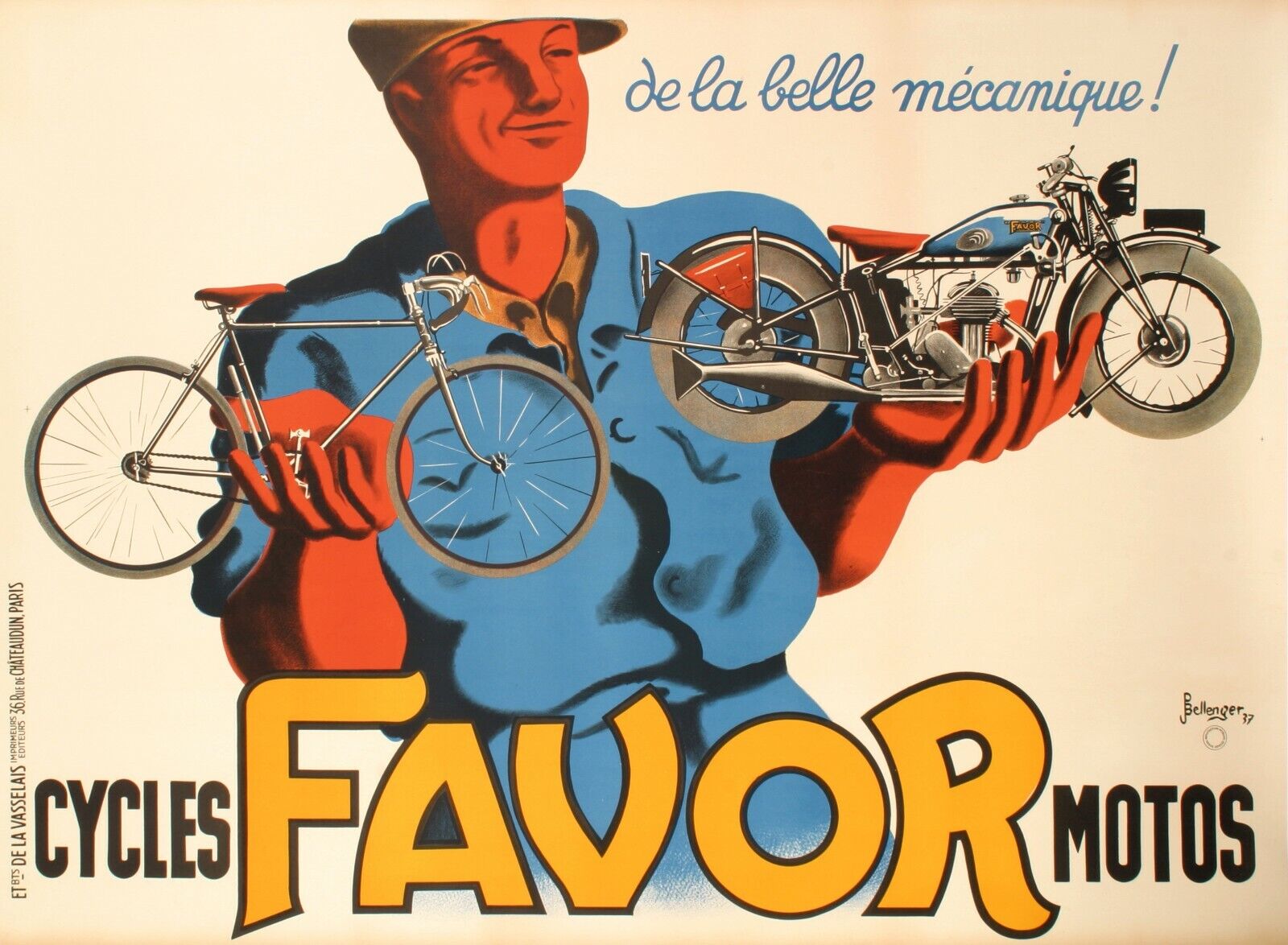 Original poster, Bellenger, Favor, Bike, Motorcycle, Cycles, Mechanic, 1937