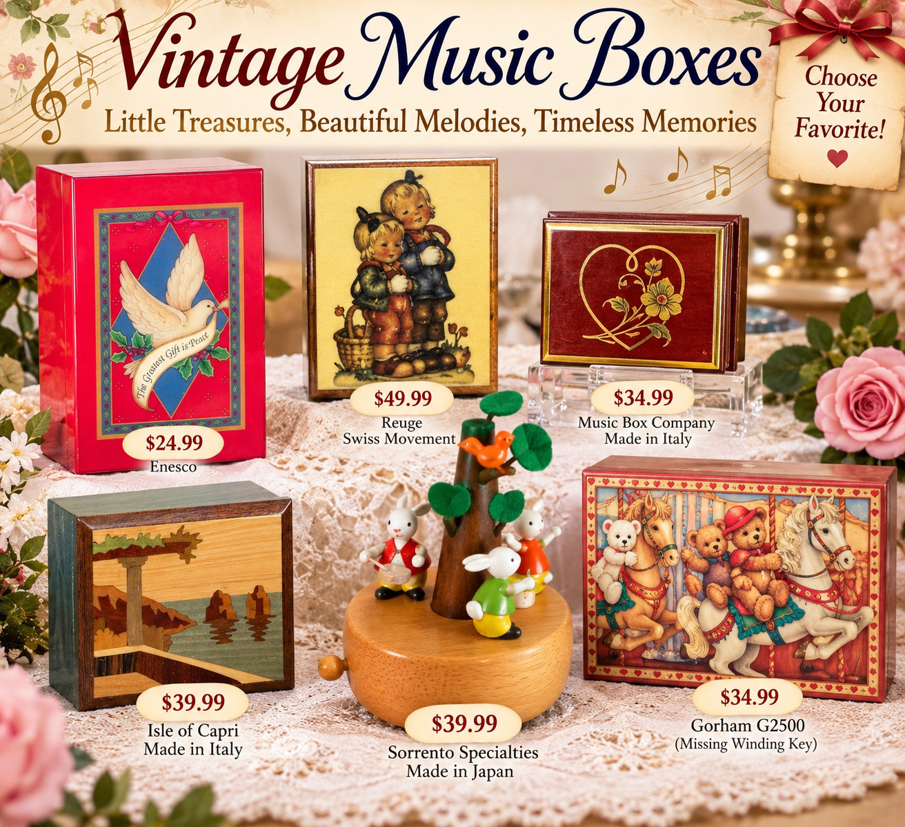 Vintage Music Boxes Enesco San Francisco Reuge Gorham Isle of Capri Sorrento