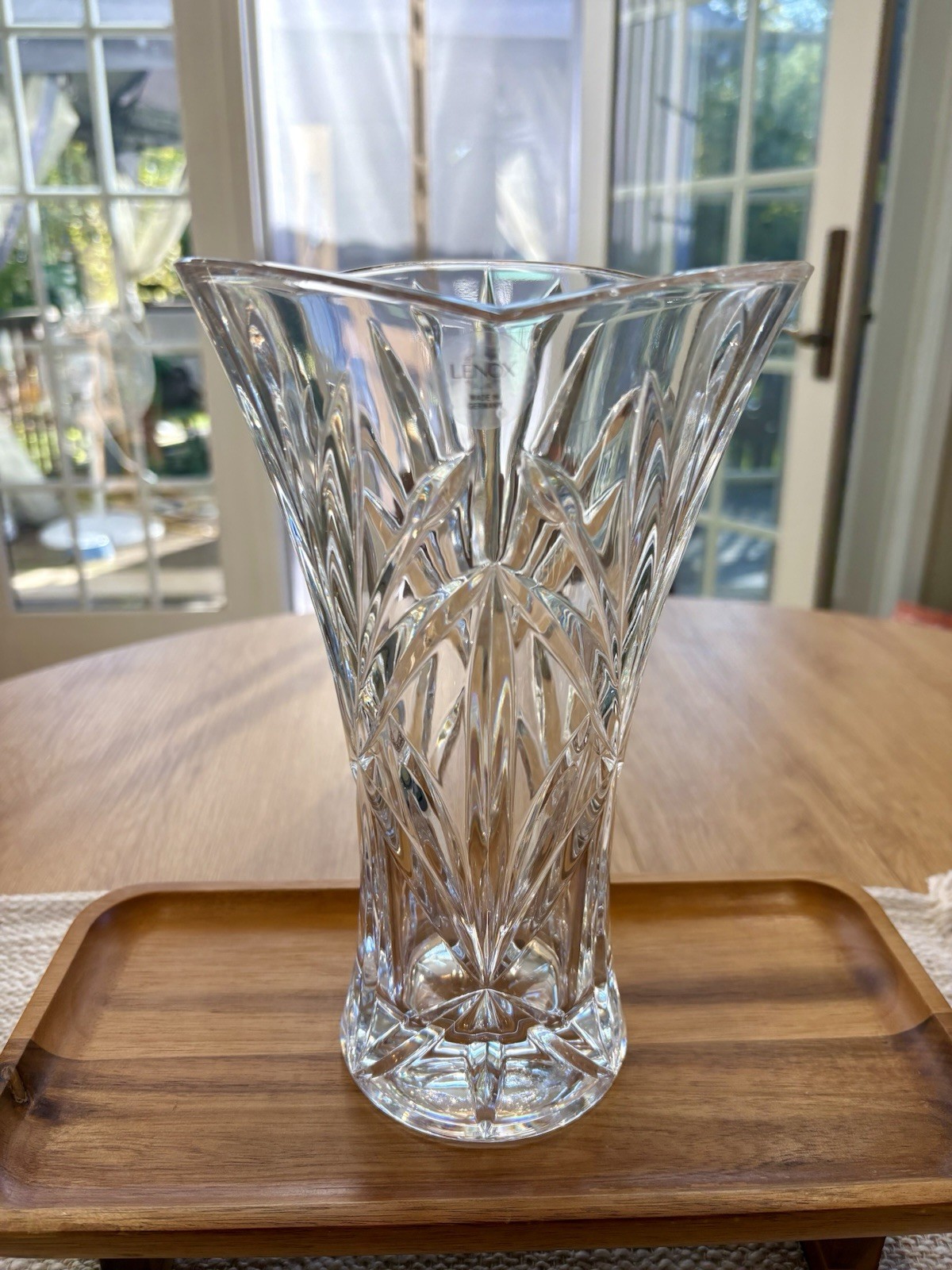 Lenox Clear Crystal Tapered Vase Scalloped Rim Palm Fan Starburst 9.5” Germany 