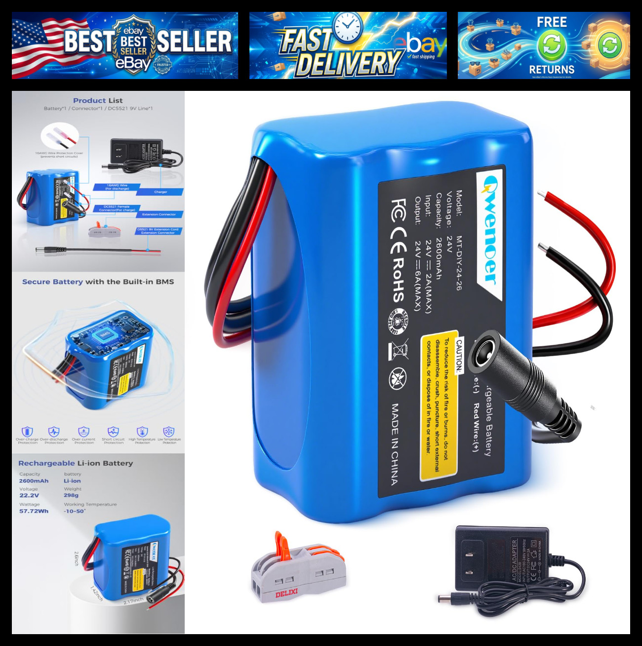 22.2V-24V 2.6Ah Lithium Battery, 22.2V-24V Rechargeable Li-ion Battery with Char