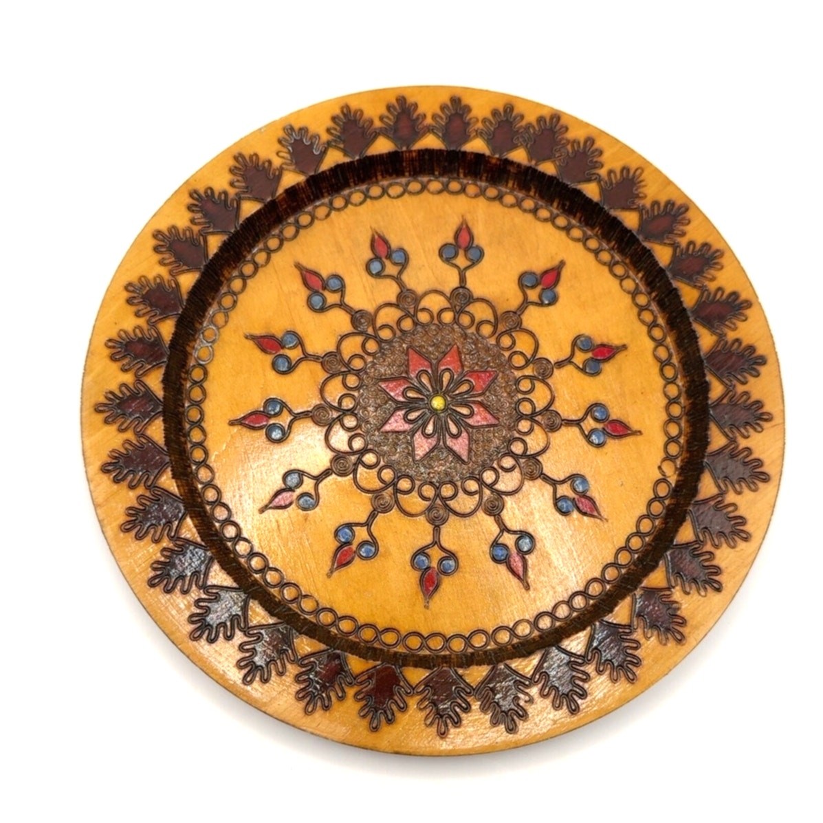 Vintage Polish Wooden Wall Plate Krakow Folk Art Pyrography Decor 9.5 Inch 1978