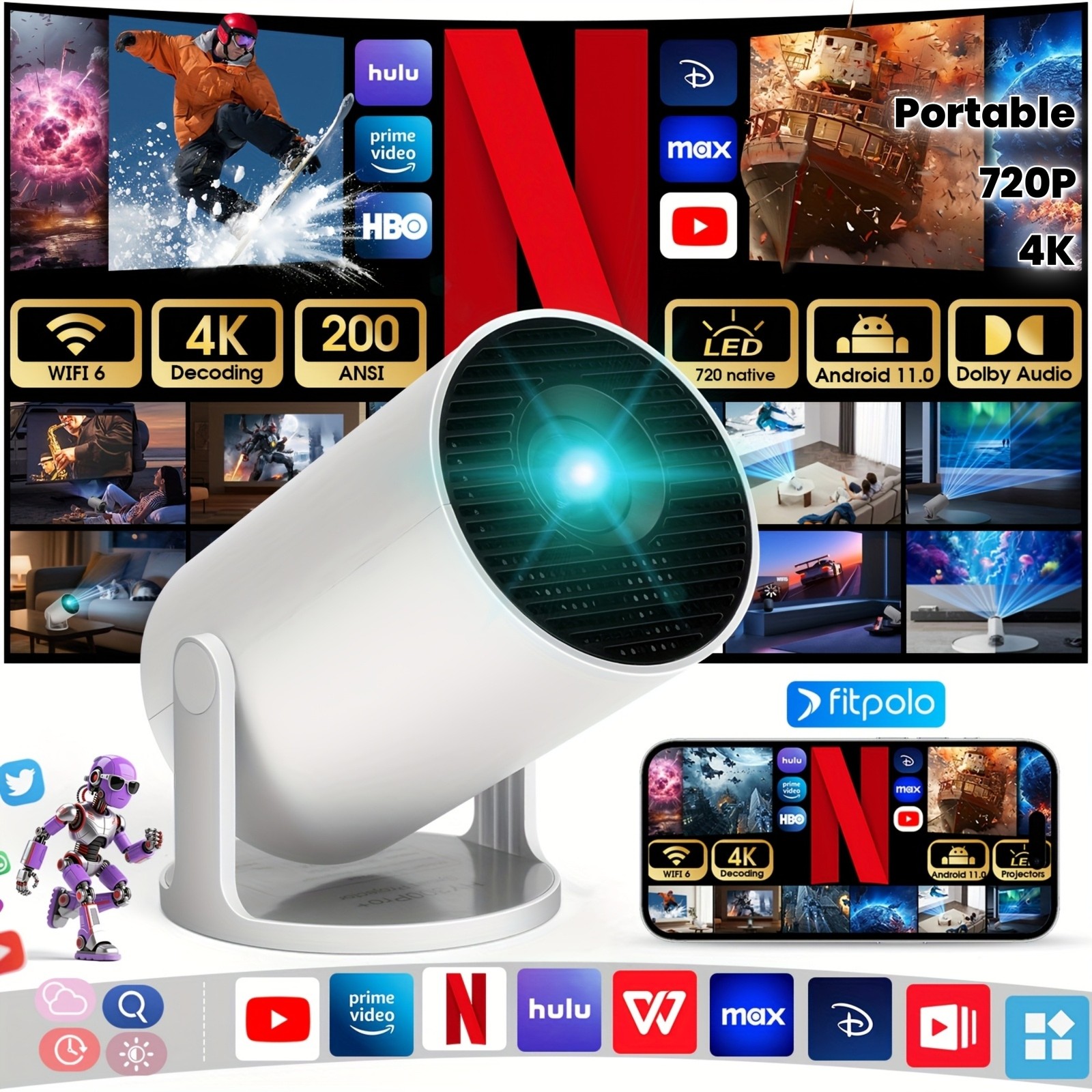 Fit Smart Mini Projector,Projector support 4k with WiFi and Built-in App,Auto