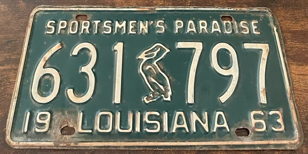 Vintage 1963 Louisiana License Plate 631 797 Pelican EMBOSSED STEEL