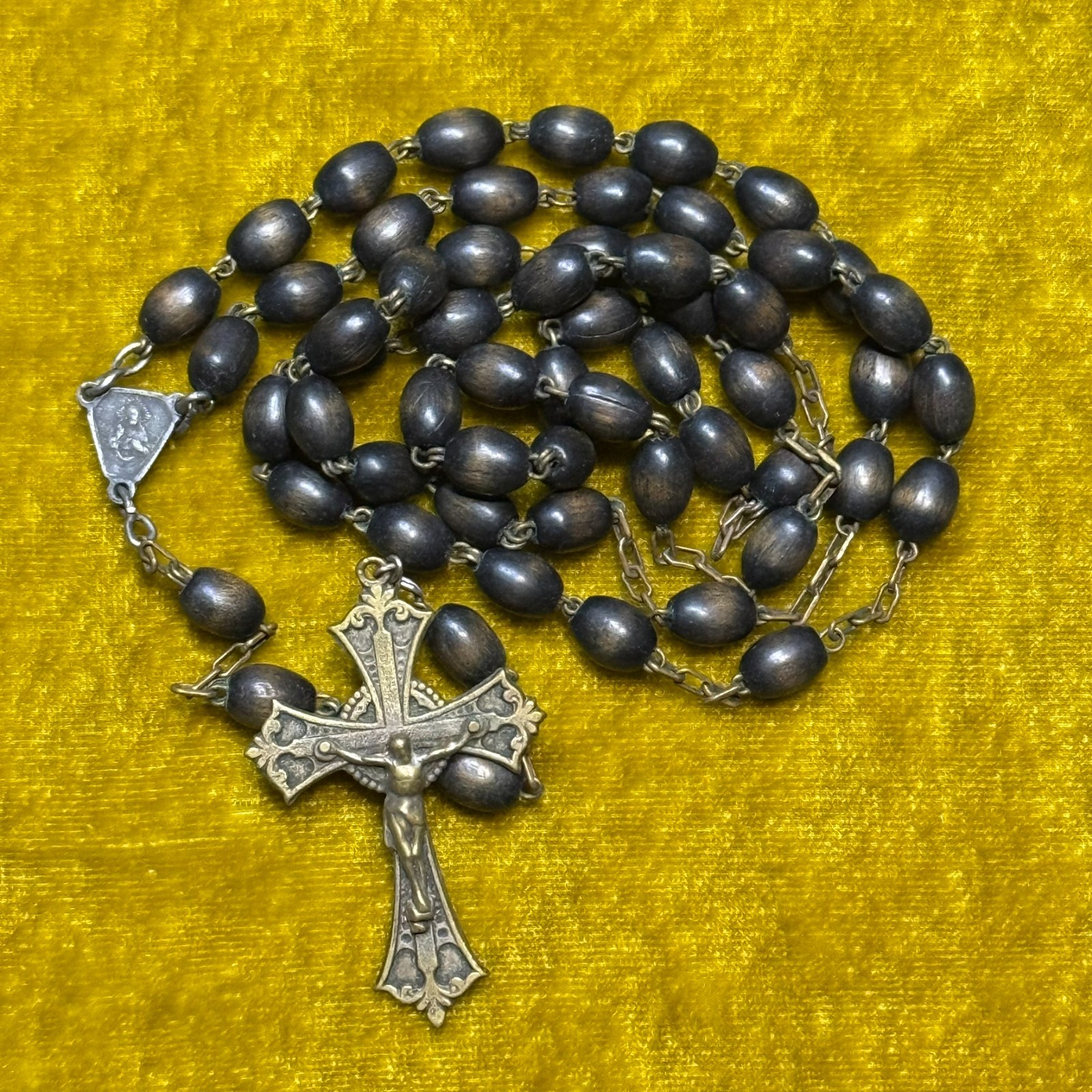 Antique Anno Santo Rosary Roman Bronze Crucifix Wood Beads 19 Inches