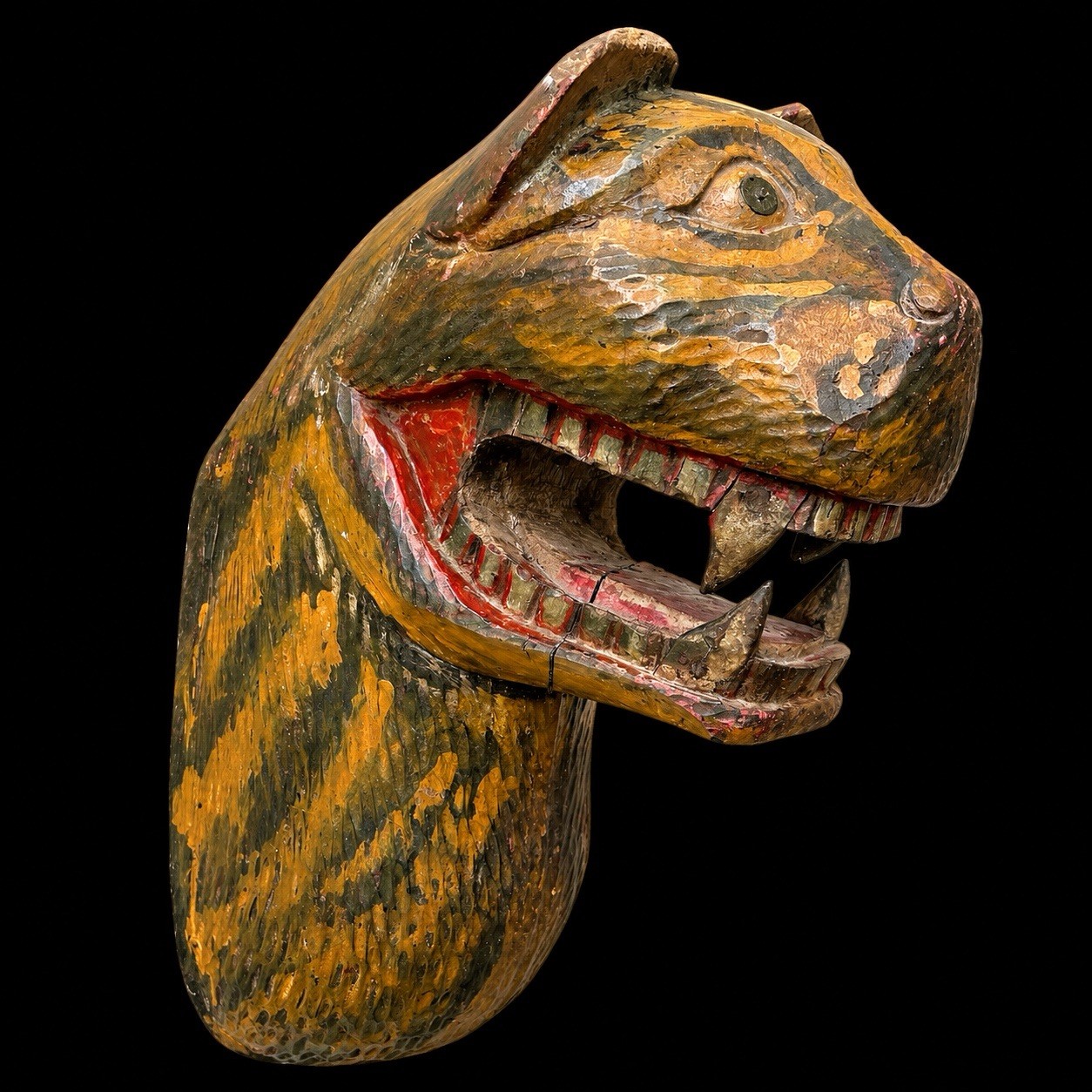 Antique 1880 - 1900 Circus Wagon Tiger Head Carved Wood Carnival 18 Inches