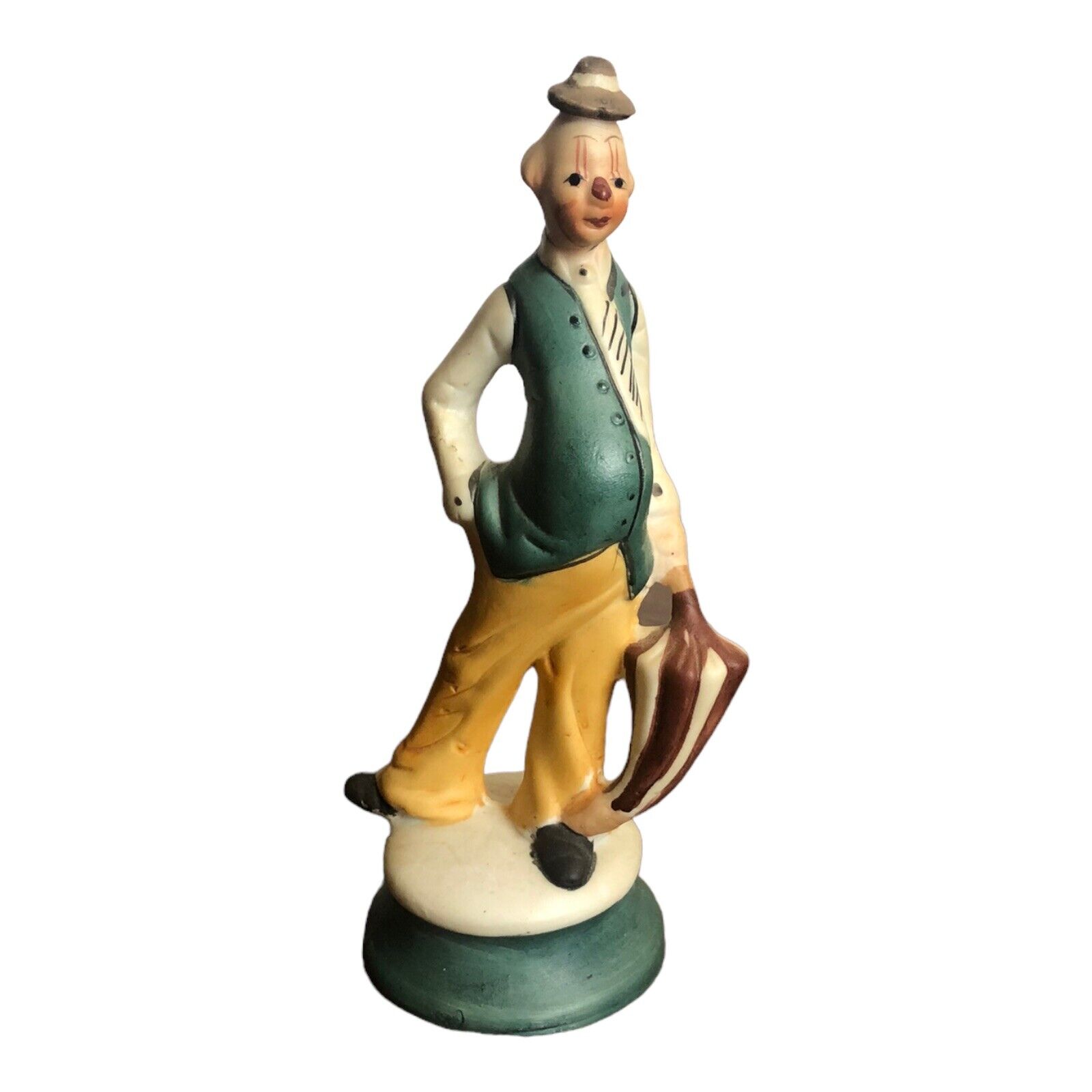 Hobo Clown Figurine Ceramic Vintage Made In Taiwan Green Vest With An Umbrella