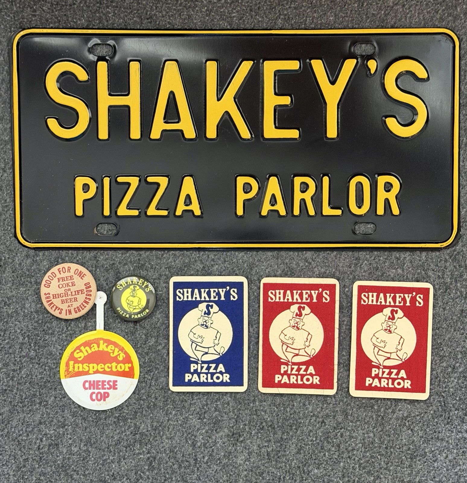 Vintage SHAKEY’S PIZZA PARLOR Steel Booster License Plate Sign 1960s 70s & Misc.