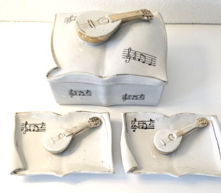 Vtg Italian Mandolin Trinket Box 2 Dishes Porcelain Made In Japan