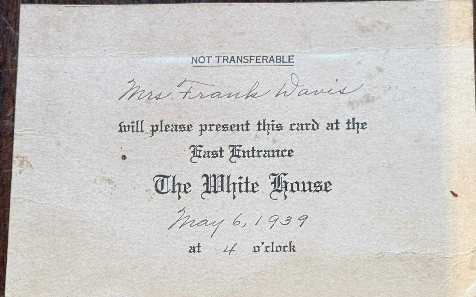 1939 President Franklin D. Roosevelt White House Invitation Not Transferable 