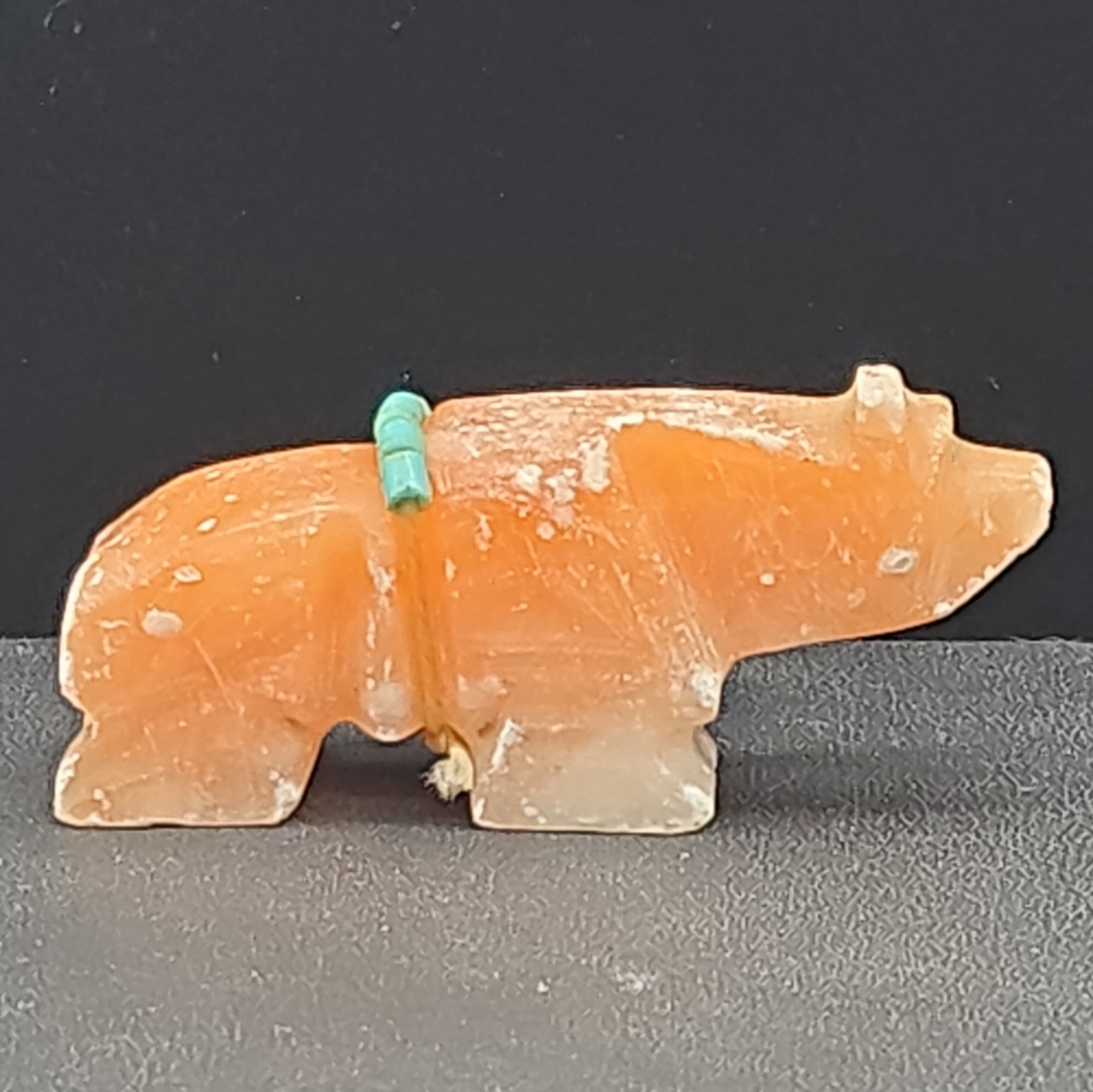 Vintage Zuni Fetish Bear Carving Hand-Carved Orange Alabaster & Turquoise 