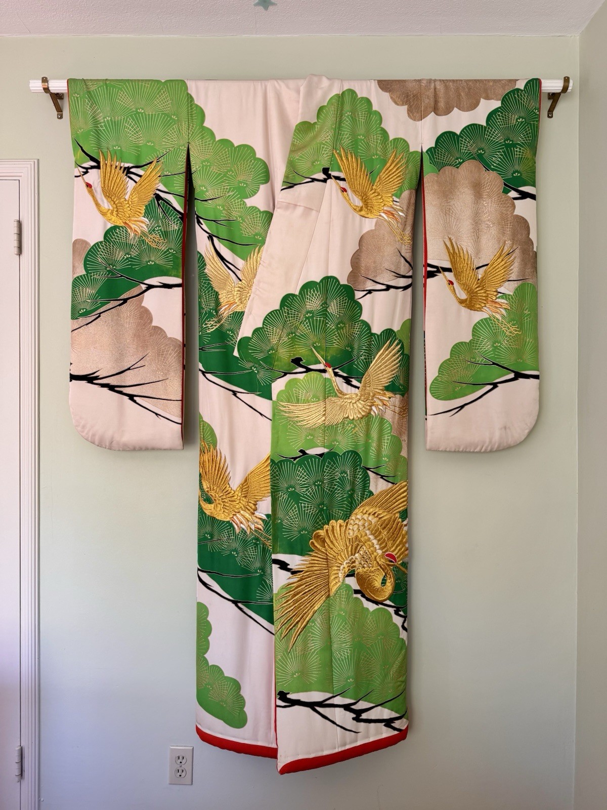 Vintage Japanese Uchikake Wedding Kimono Robe White Green Silk Gold Crane