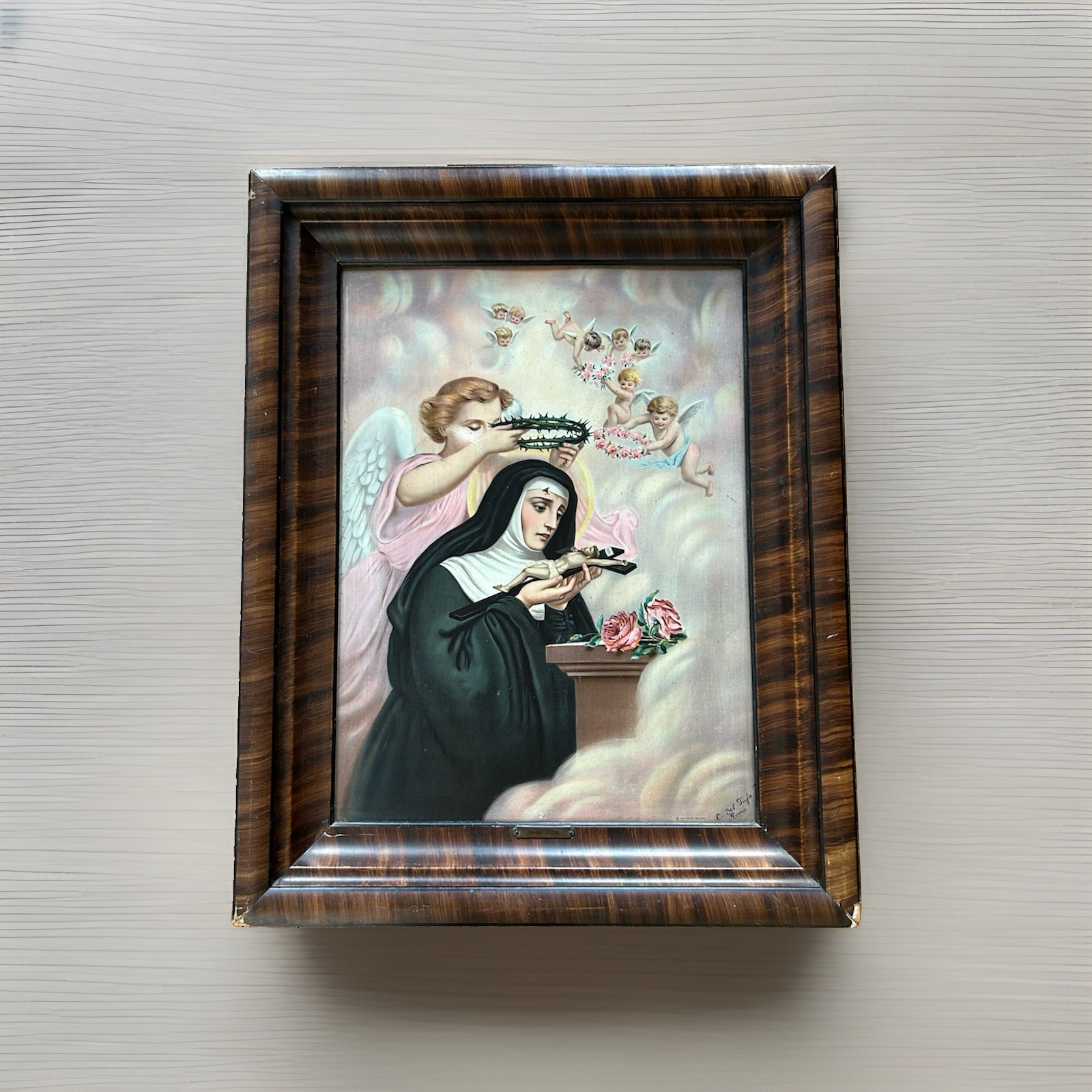 VINTAGE 1900s St RITA OF CASCIA religious TIN LITHO by JOHN DUFFY, NEW YORK