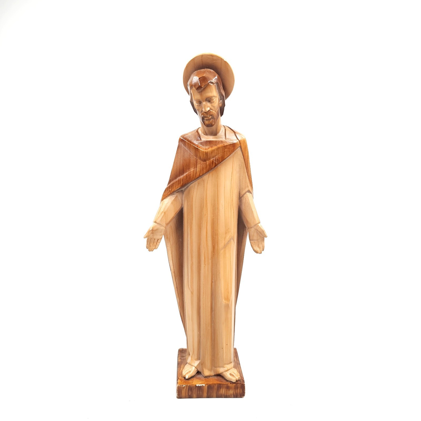 Vintage Mid Century Jesus Christ Statue Made in Spain Open Arms Halo Faux Wood