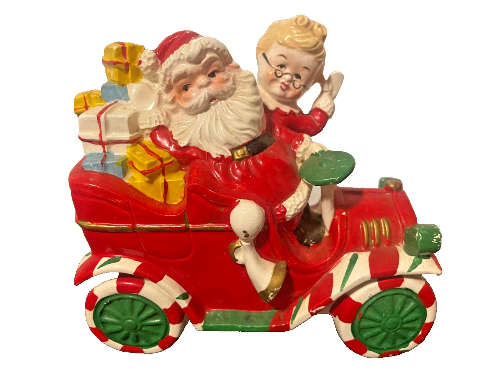Vintage 1950s Napco Christmas Santa Mr Mrs Claus Car Japan ceramic piggy bank