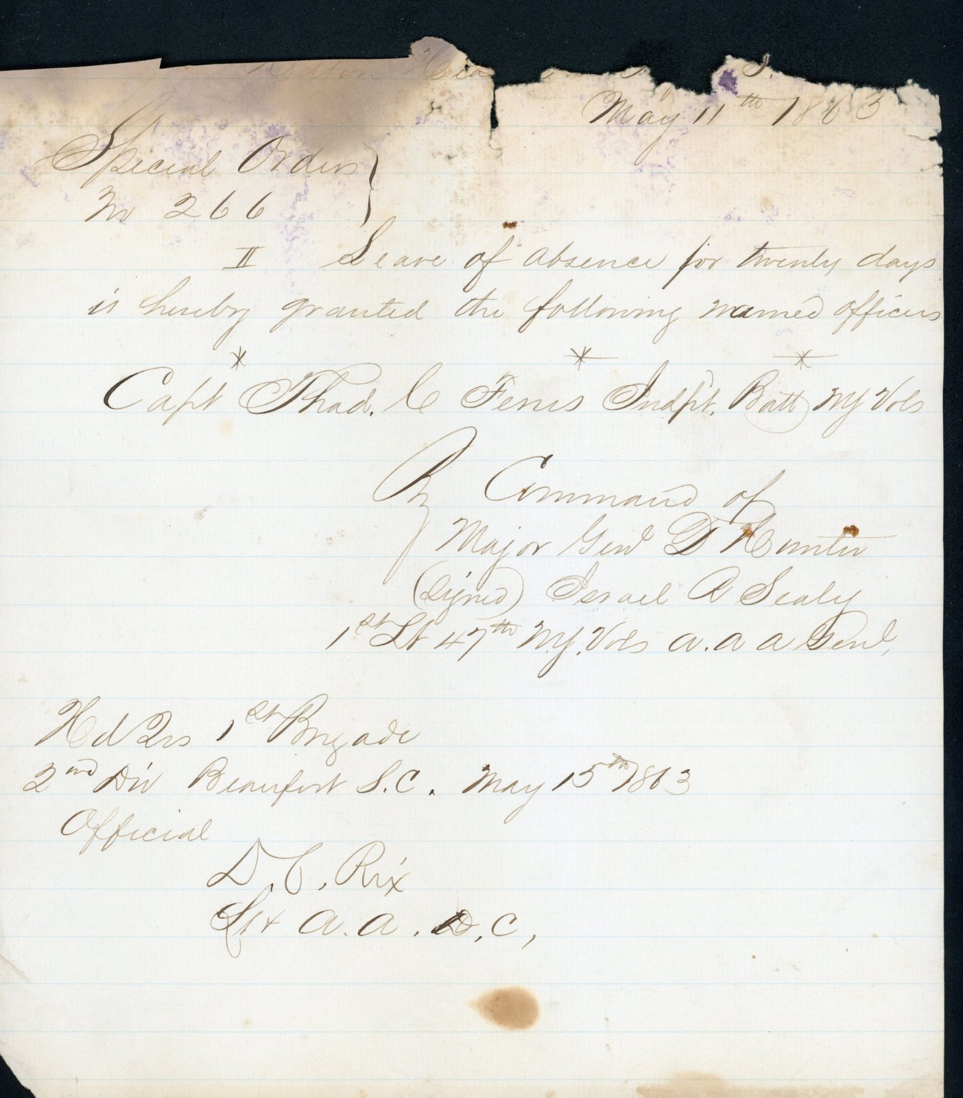 Civil War Document: 1863 Special Order No. 266 Indpt. Batt. N.Y. Vols