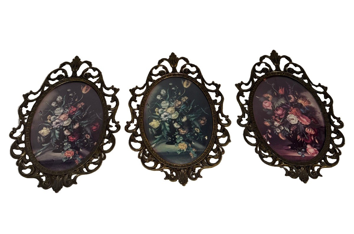 Vtg Set Of 3 Oval Ornate Convex Flowers Pictures. Made In Italy