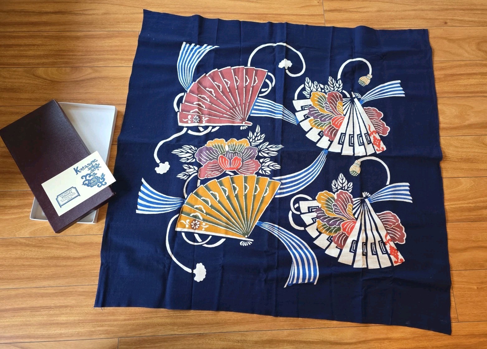 Vintage Japanese Katazome Indigo Furoshiki Stencil Dyed Peony Fan Textile Box