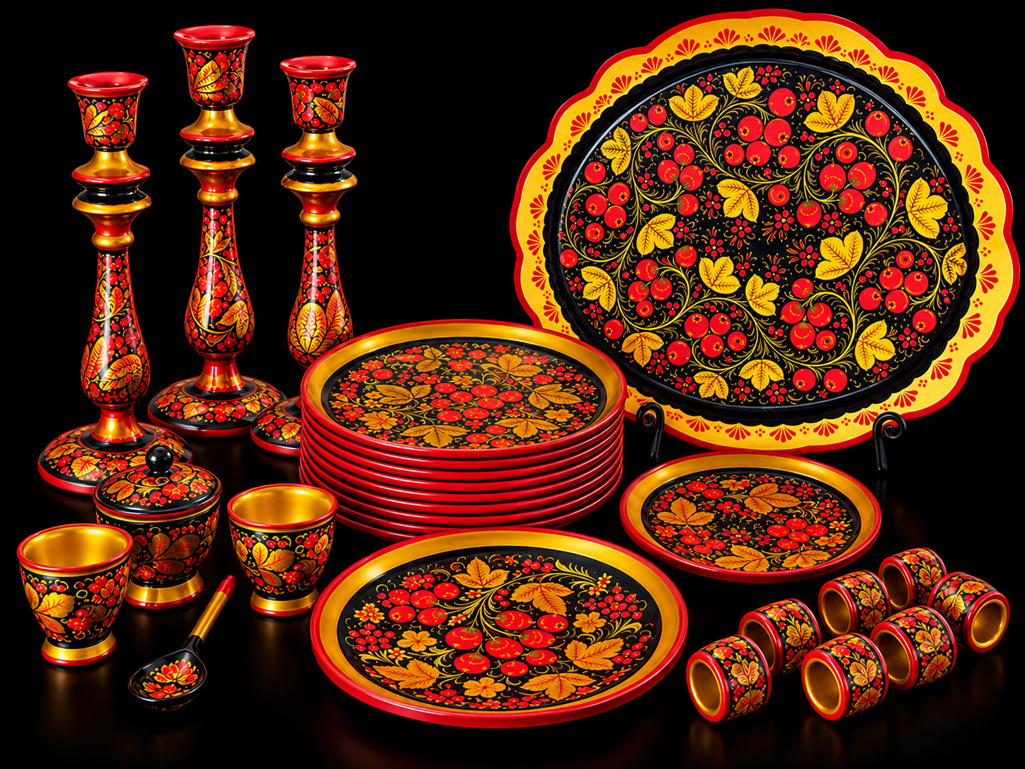 Vintage Russian Khokhloma Lacquerware 24-piece Collection Hand-Painted