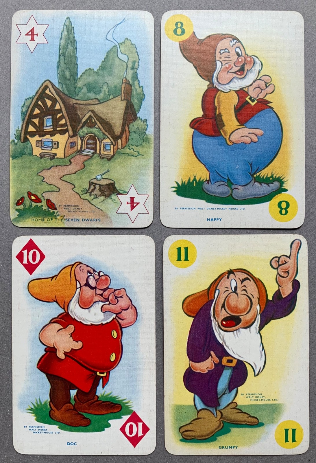 4 Vintage 1937 Disney's Snow White & 7 Dwarfs  Cards Castell Bros/Pepys 1st Ed.