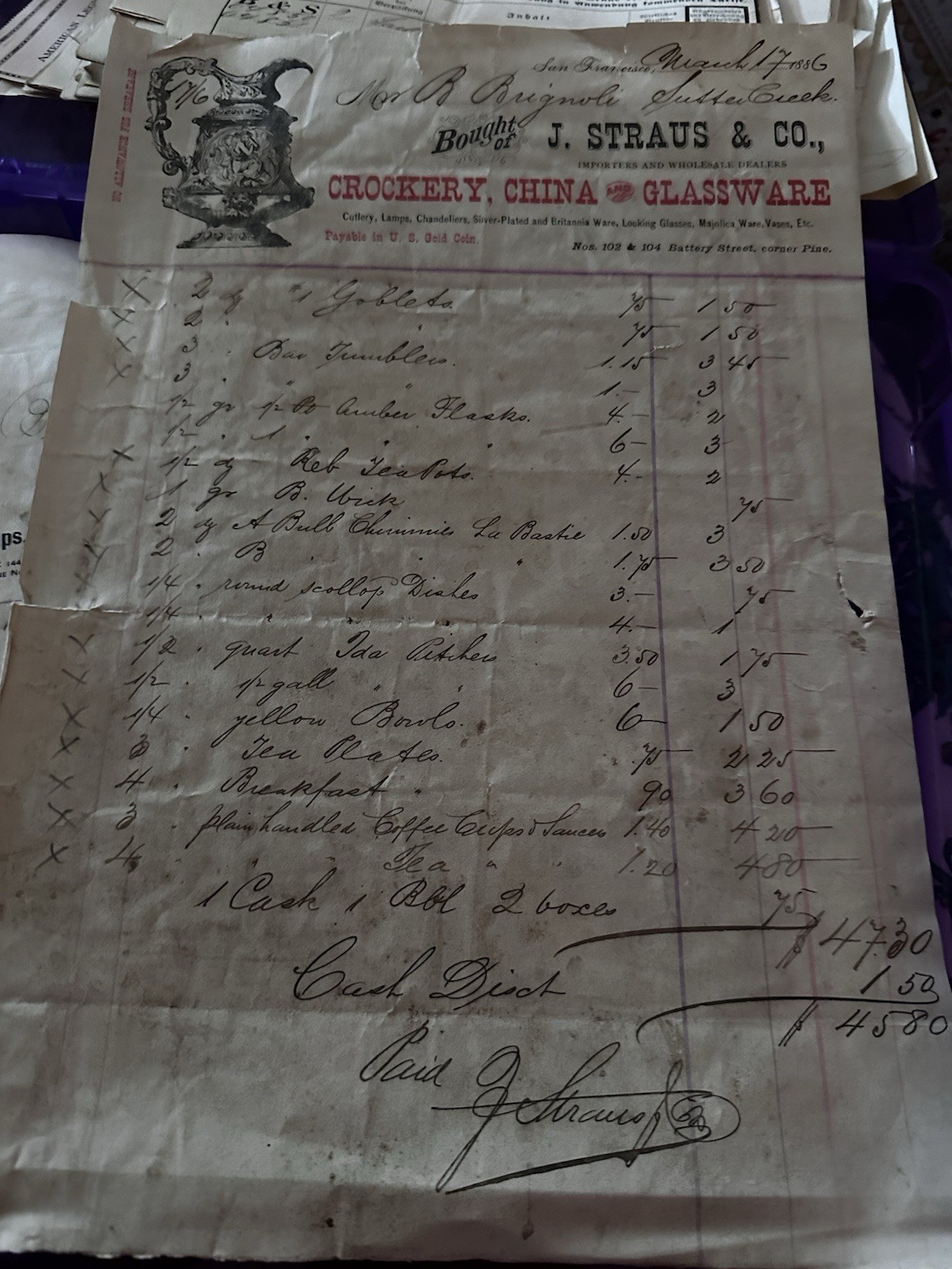 Levis J Straus & Co - 1886  San Francisco - Crockery China   Head Bill Signed
