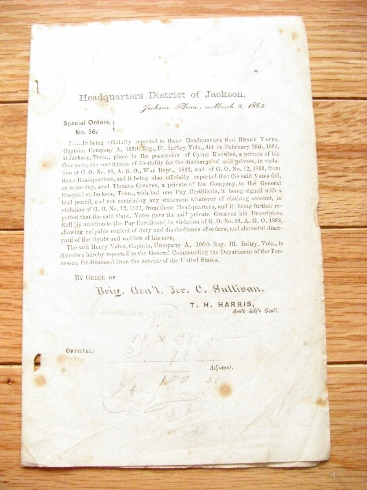 JACKSON TENNESSEE CIVIL WAR COURTMARTIAL ORDER GENERAL JEREMIAH SULLIVAN 1863