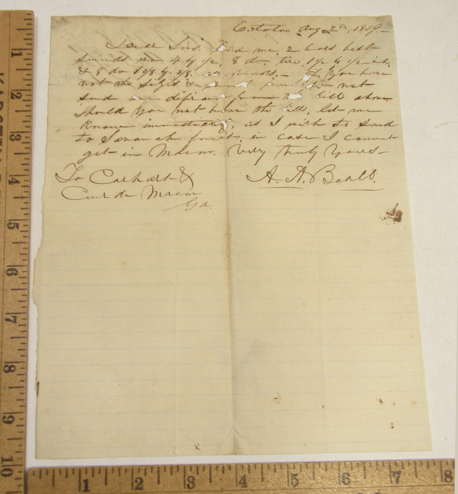 ANTIQUE 1859 LETTER ALLEN ALEXANDER BEALL EATONTON GEORGIA PUTNAM COUNTY