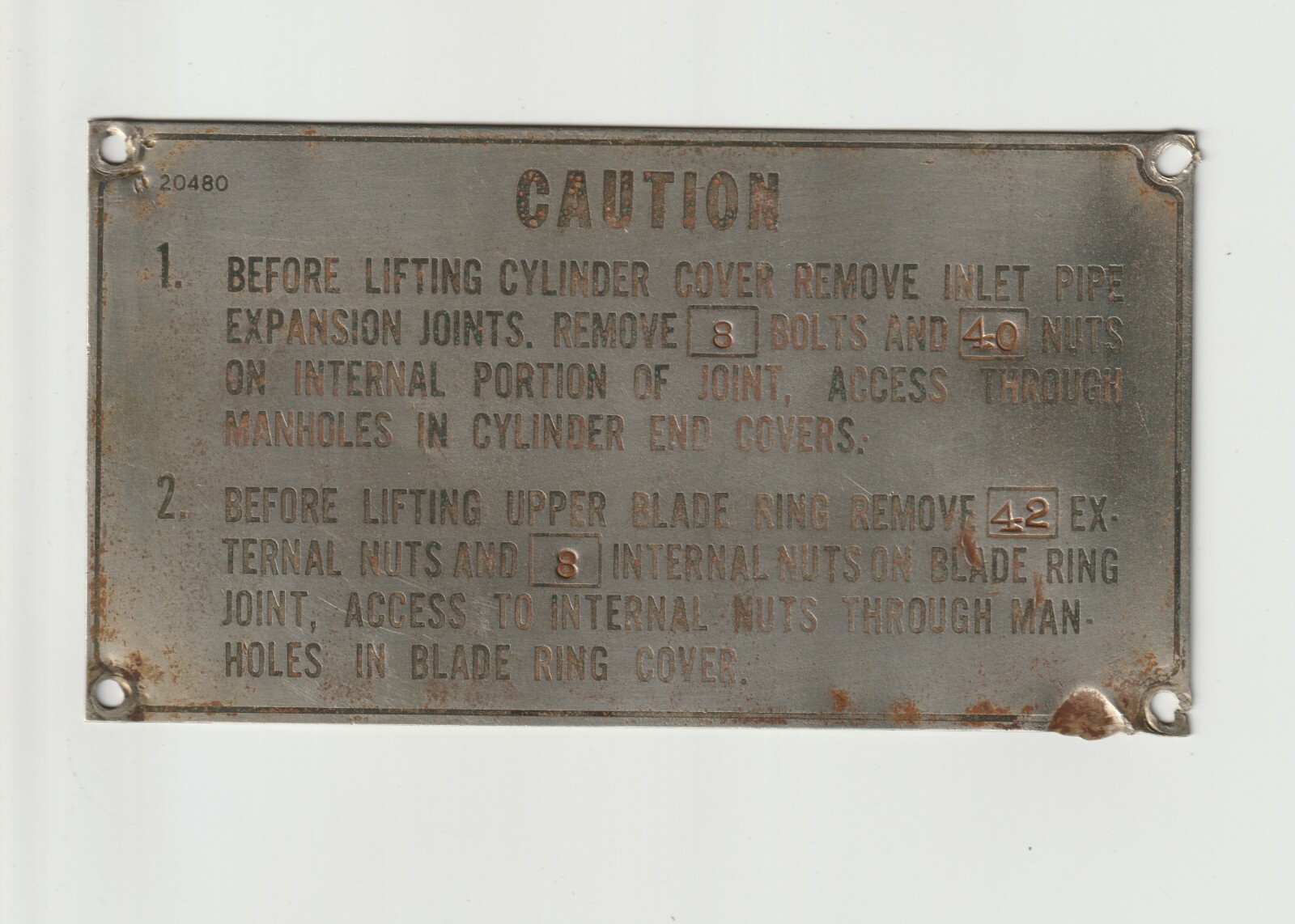 Salvaged Adv Plaque Machine Badge Caution Before Lifting Removing Cylinder Cover