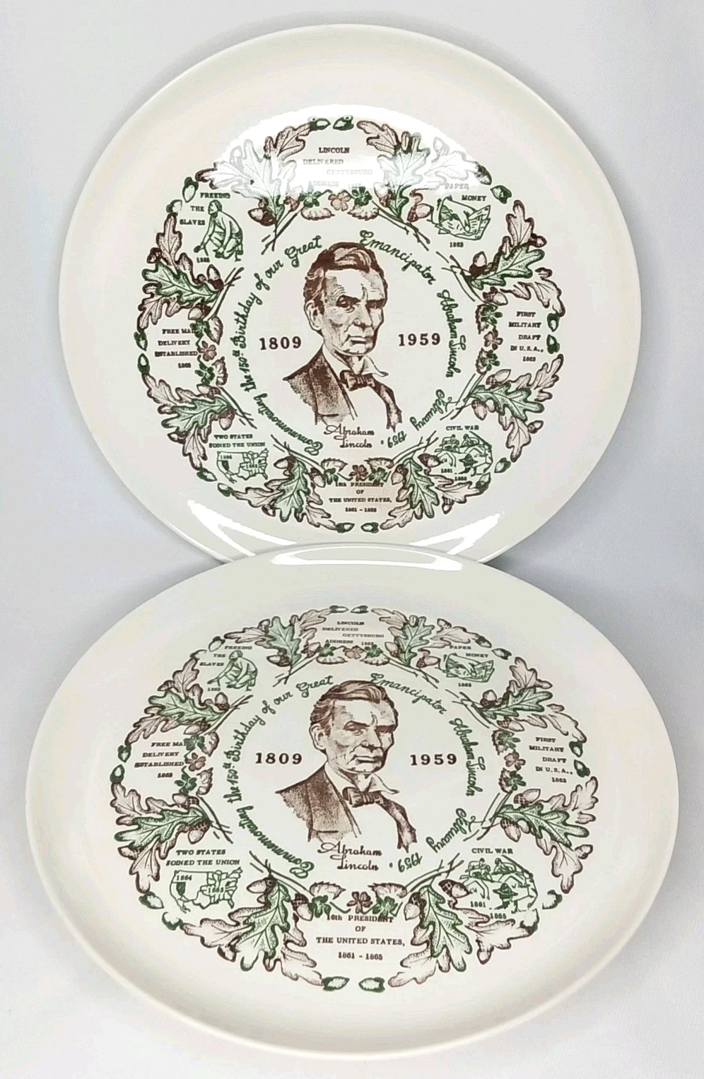 Stetson China Abraham Lincoln 150th Birthday Plate Set Of 2 Vintage 1959