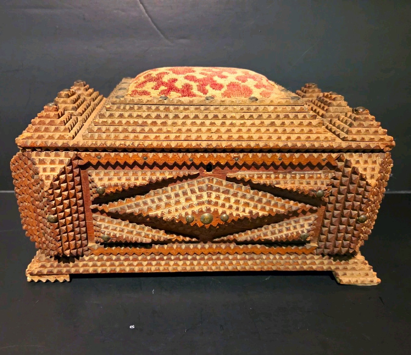 Antique Tramp Art Hinged Wooden Box w/ Latch