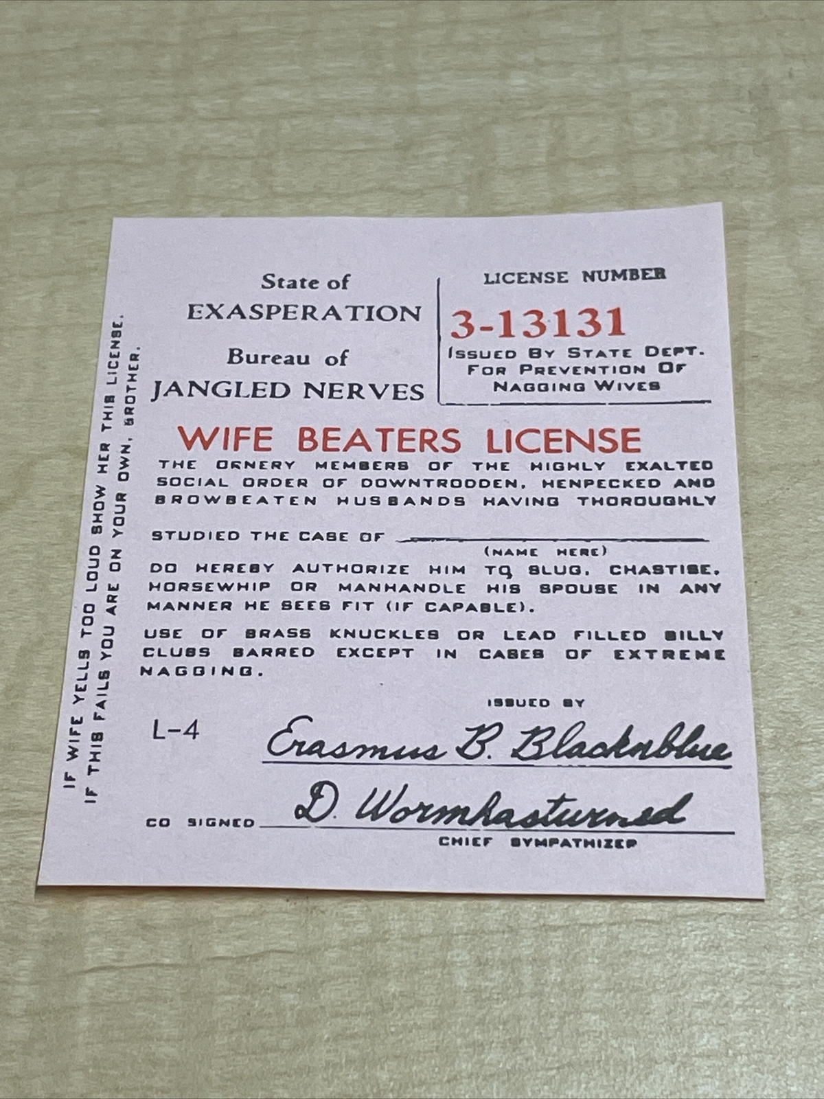 Vintage 1965 Pink Novelty Wife Beaters License Jokes Gags Pranks KG JD