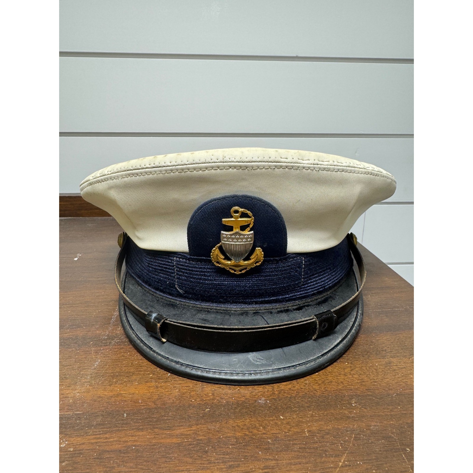 Vintage US Coast Guard USCG Officer Combination Cover Hat White Blue Size 7