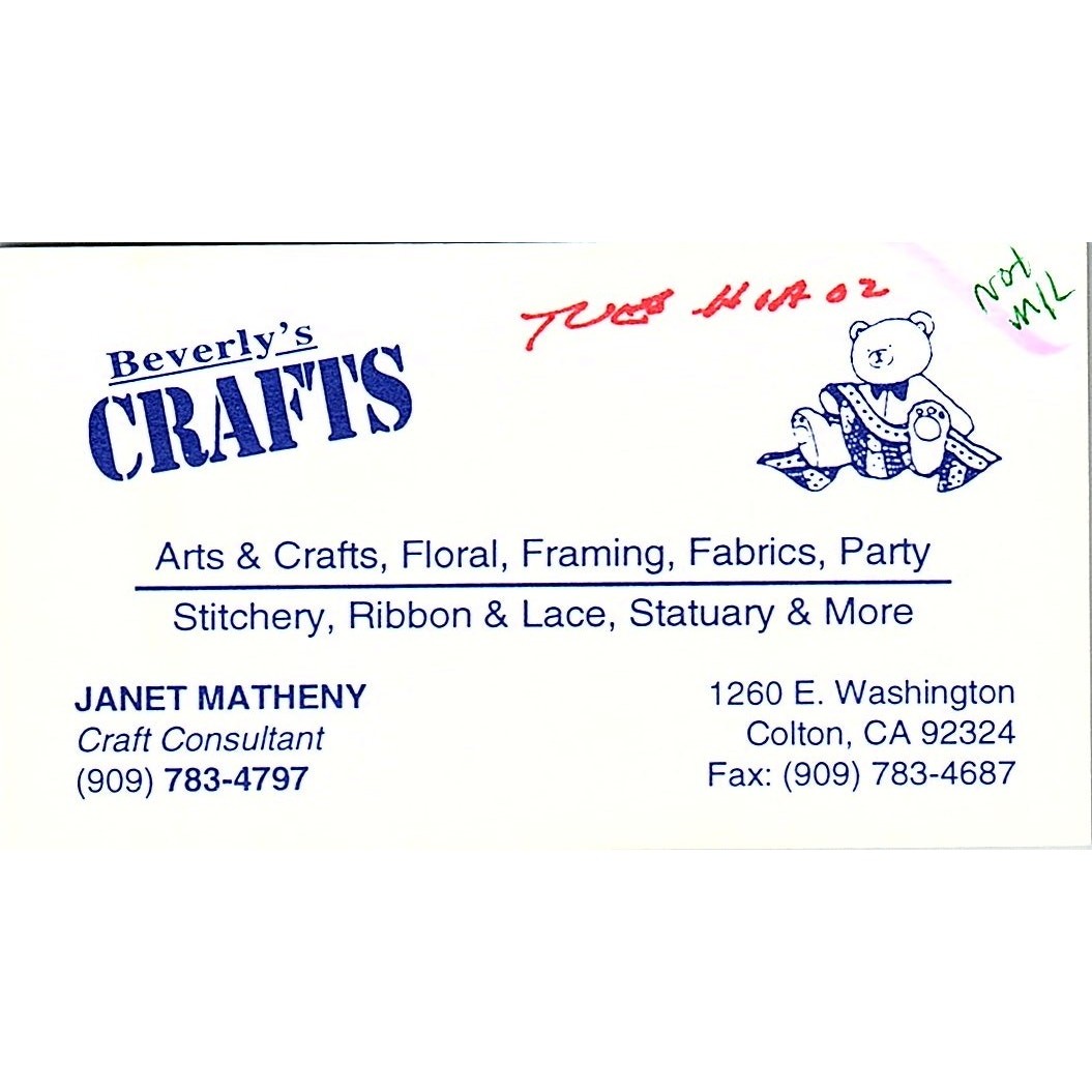 Beverly\'s Crafts Janet Matheny Colton CA Vintage Business Card STK2-BC1-9