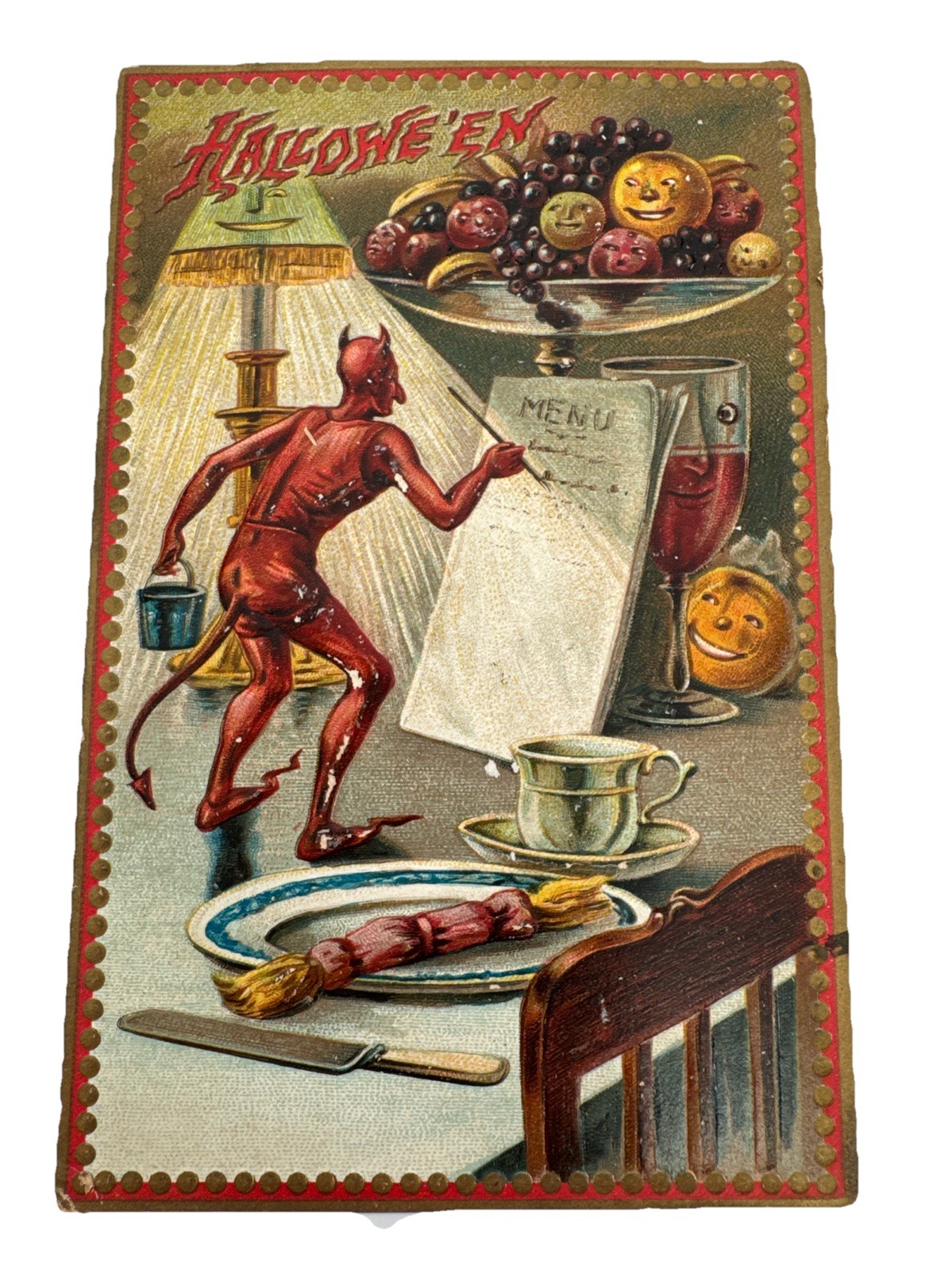 Tuck Halloween Postcard Devil Anthropomorphic Pumpkins Embossed 160 Antique Rare