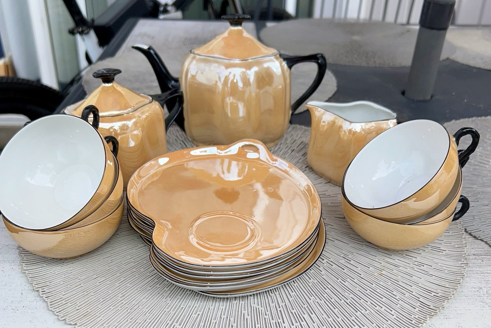 Vintage Art Deco Peach Lusterware Tea Lunch Snack Set Bovaria Germany 17 Pieces