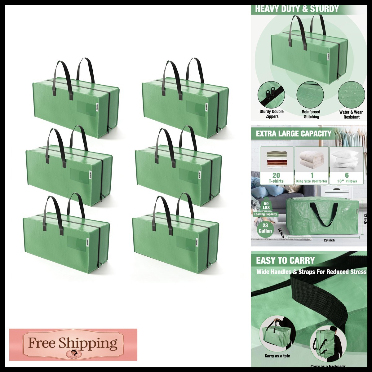WORKPRO 6 Pack Extra Large Moving Bags Green - Heavy Duty Storage Totes with