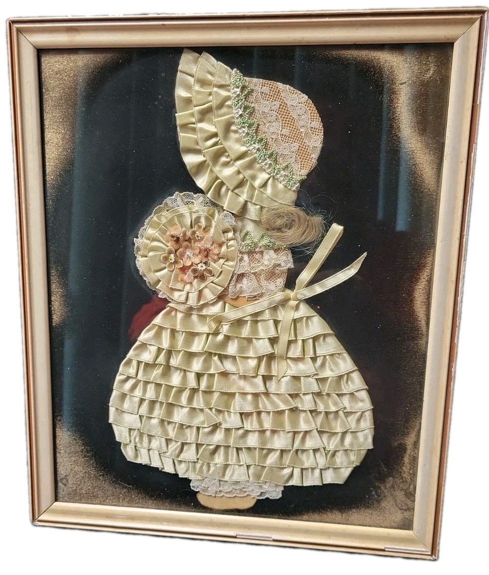 Vintage 1940 Framed Ribbon Art Paper Doll 10x12 Lambert Frame Real Human Hair