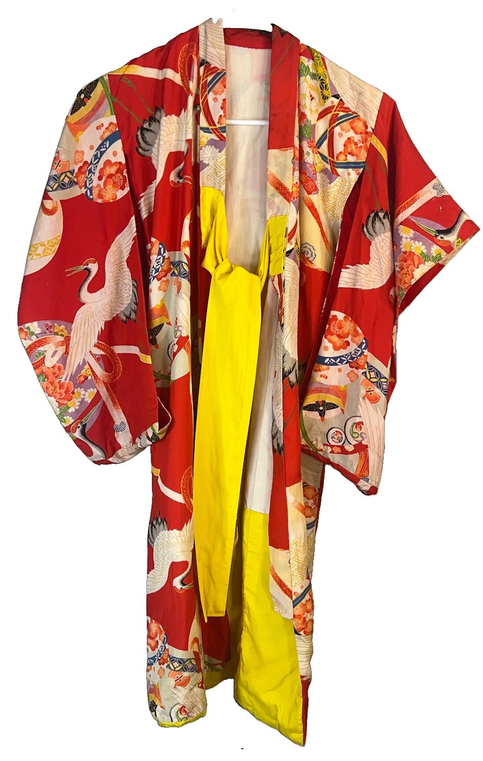 Vintage Japanese Child’s Silk Hand Madevkimino Red W/multi Cranes Floral