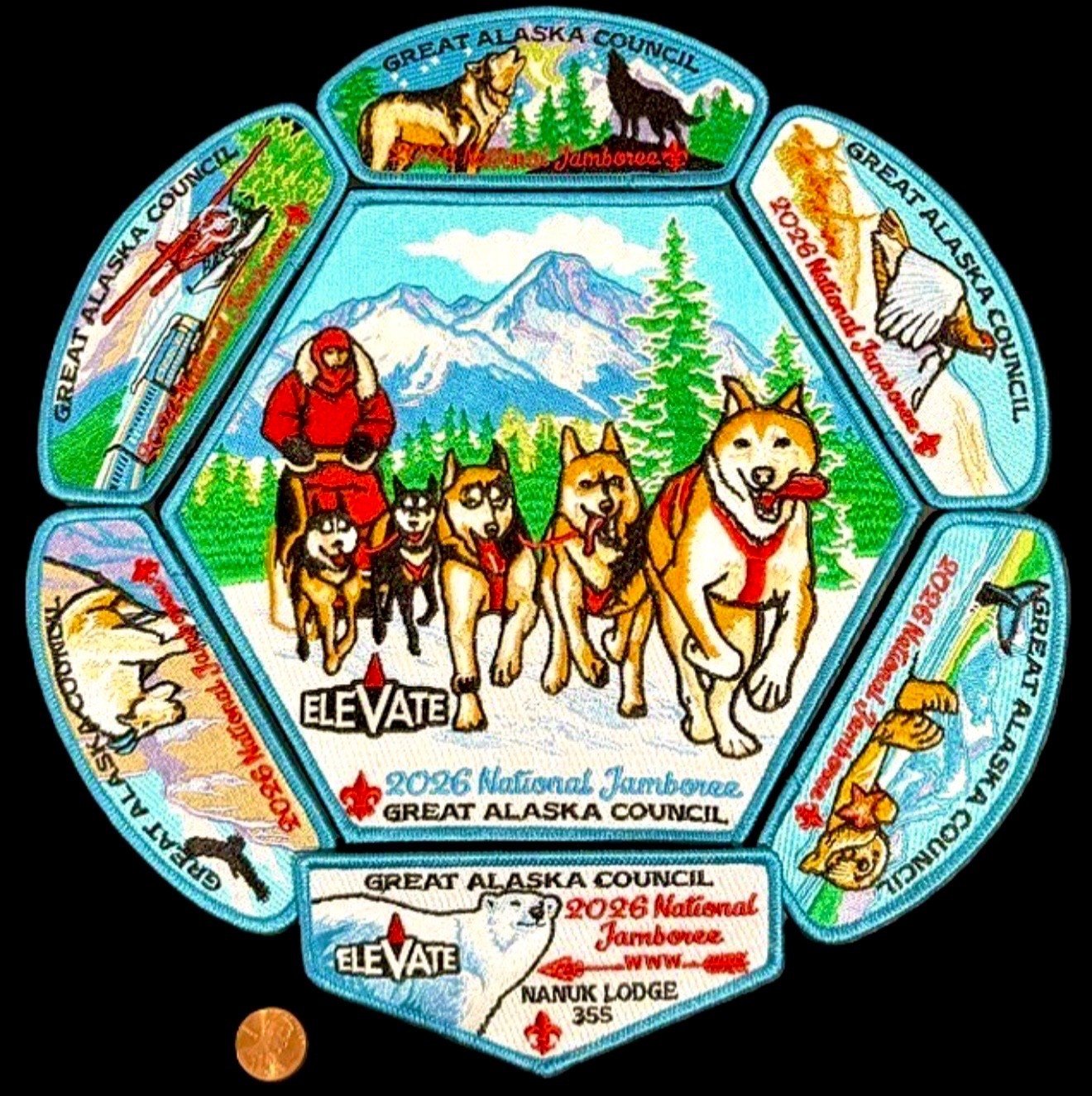 BOY SCOUT BSA GREAT ALASKA OA NANUK 355 2026 JAMBOREE DOG SLED 7-PATCH JSP SET