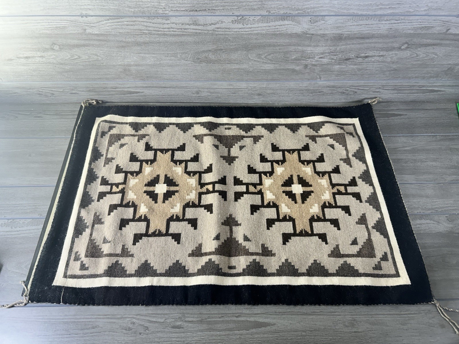 Vintage Southwestern Handwoven Wool Rug Two Grey Hills Style 38 x 25 Geometric