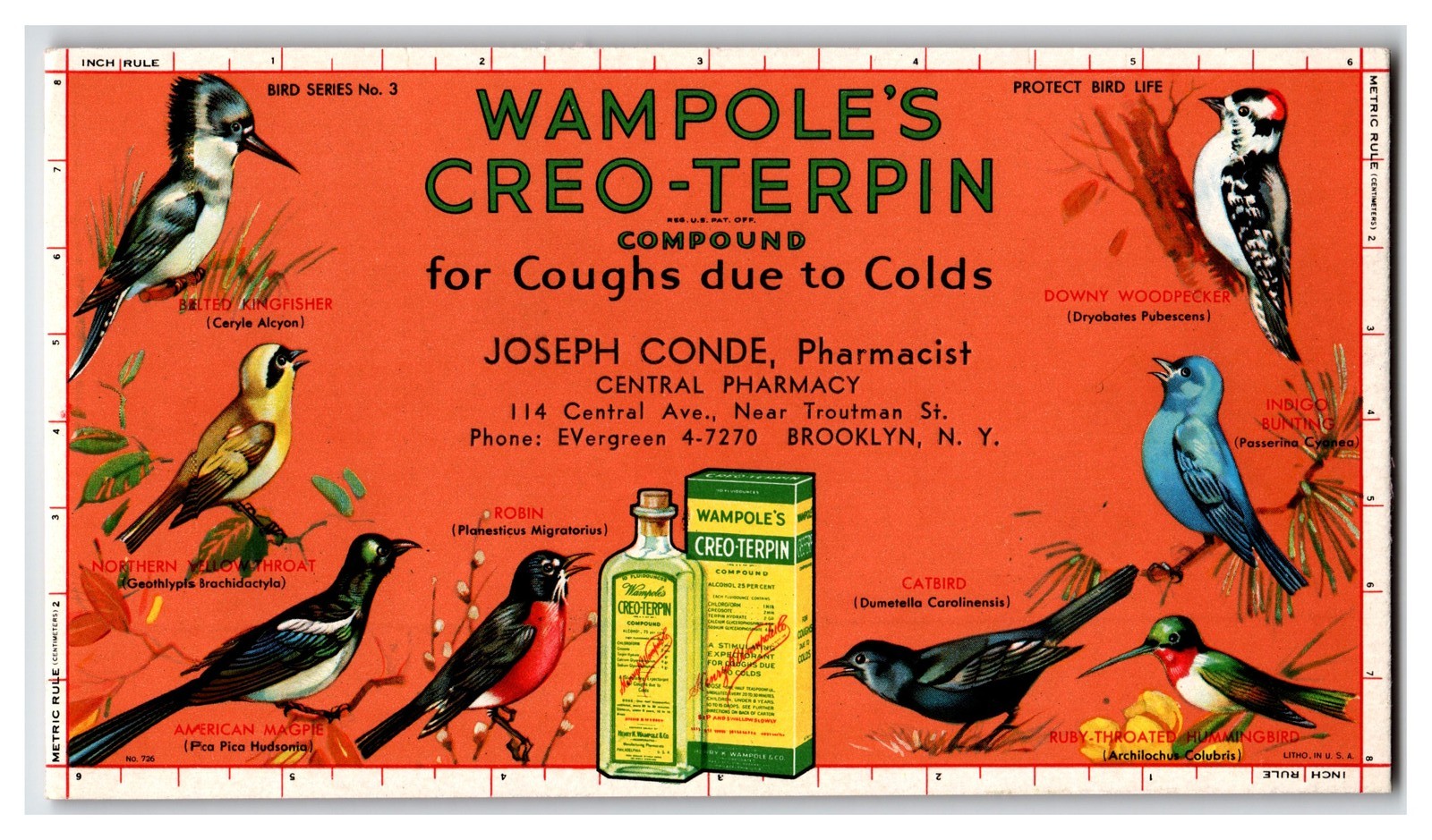Vintage Wampole\'s Creo-Terpin Medicine Advertising Bird Series Card Ruler Joseph