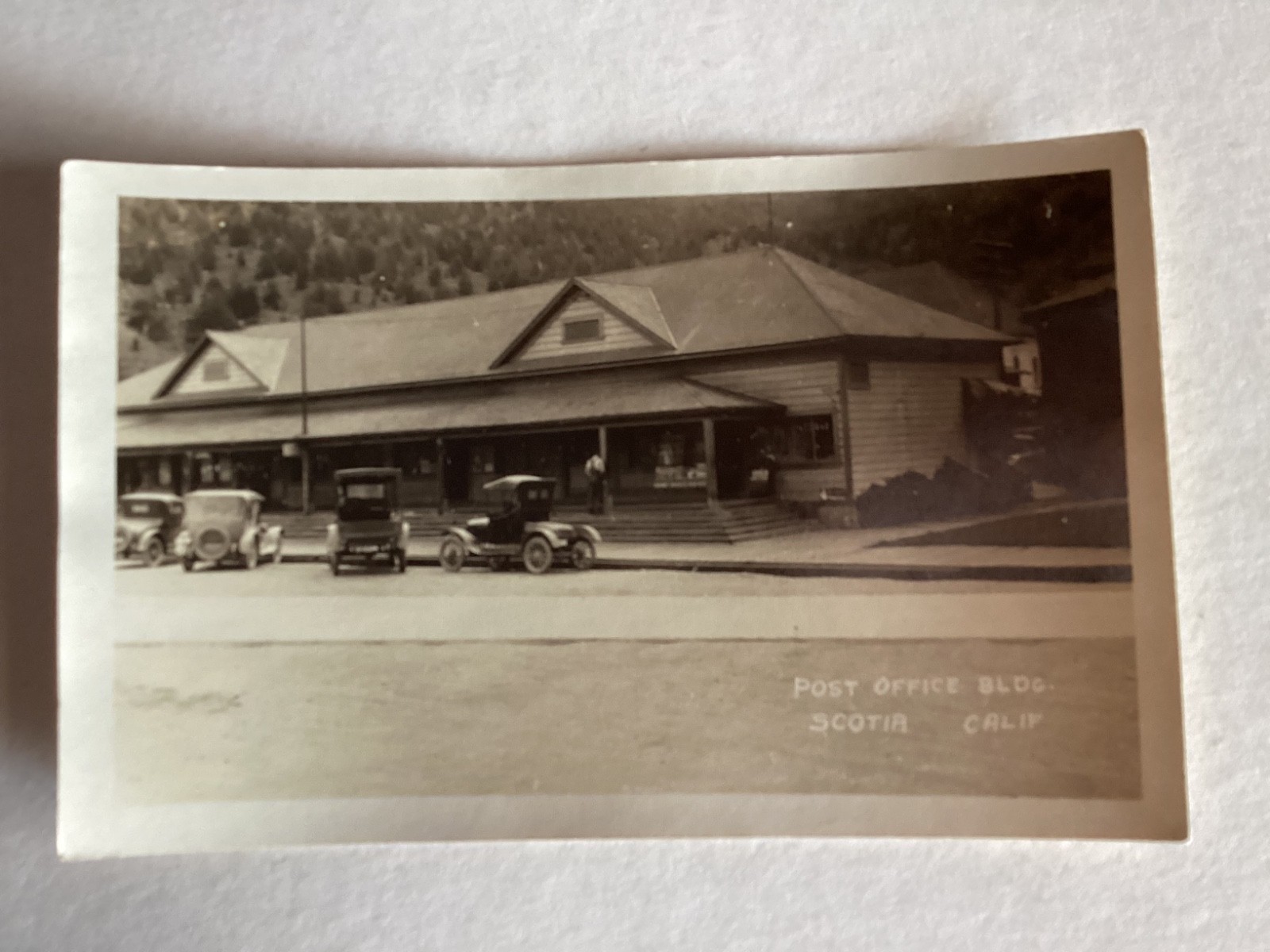 RPPC Scotia, California Post Office Bldg. Early 1900’s.  Old Cars