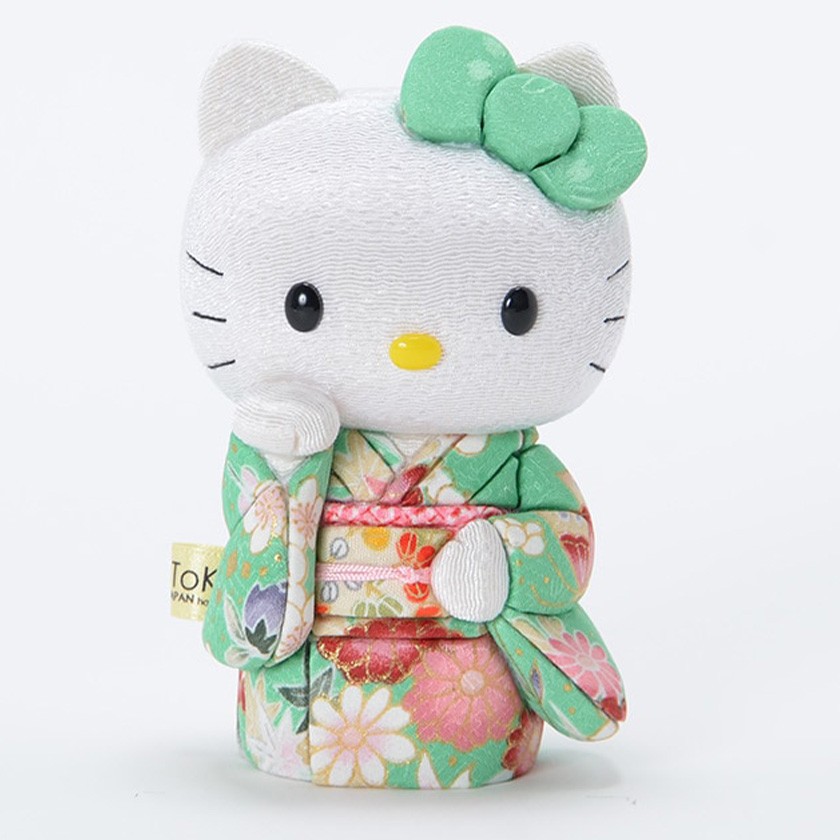 【Hello Kitty】Edo Kimekomi Lucky Cat Figurine – Green Kimono Edition