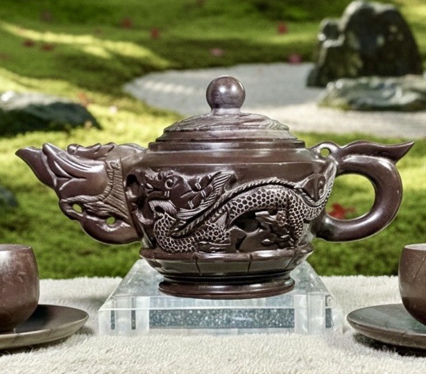Vintage 9-Piece Set Hand Carved Stone Tea Set W/Empaistic Dragon Tea Pot Marked