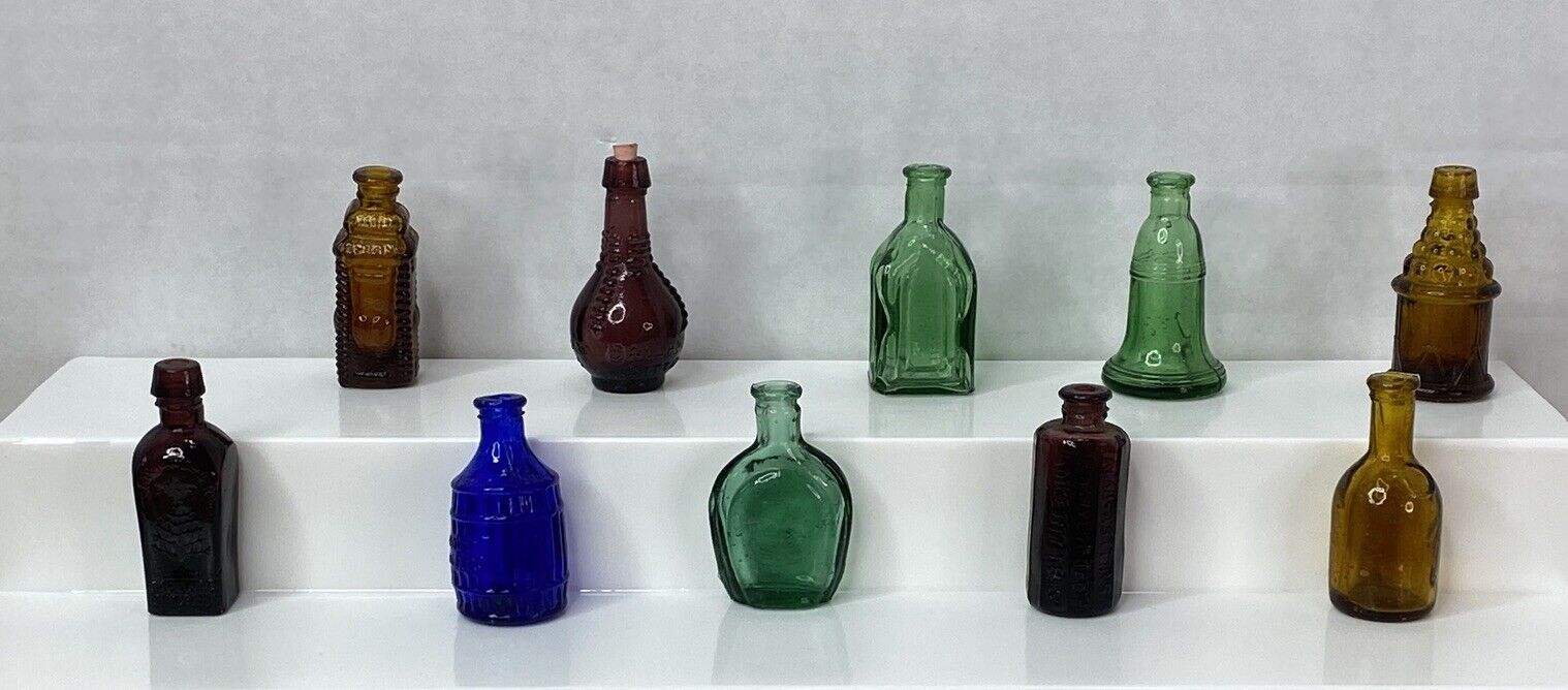 Lot 10 Vintage Assorted Mini WHEATON GLASS Bottles/Amber/Green/Amethyst Taiwan